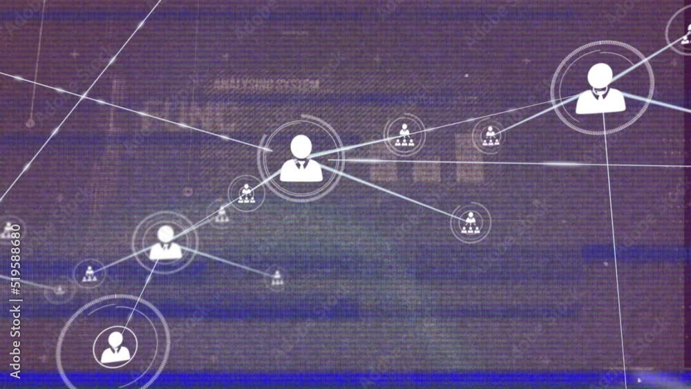 Poster animation of distorted glitch, digital people icon connecting with lines over moving data and graphs
