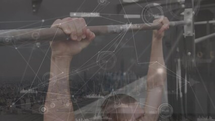 Animation of caucasian athlete doing chin-ups, modern city, digital circular data connecting lines - Powered by Adobe
