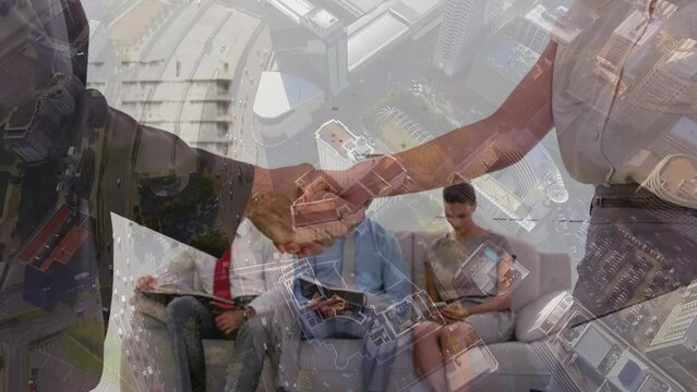 Multiple exposure of caucasian partners handshake, applicants sitting on sofa, aerial view of city