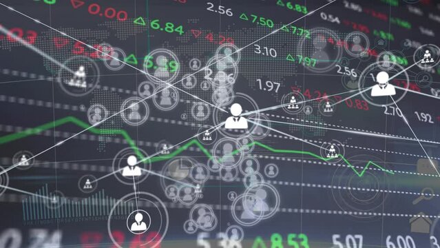 Animation of moving stock market ticker and digital people icons connecting through lines over graph