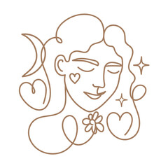 Vector illustration with one line hand drawn woman portrait with moon, stars, flowers and hearts. Beauty fashion female print design, girl linear logo or icon boho concept art