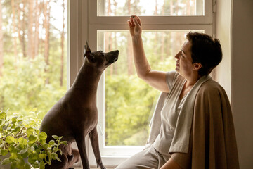 Middle age beautiful woman sitting on windowsill with her dog. 50-year-old woman spending time with...