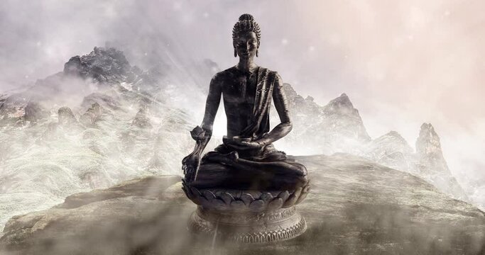 Buddha meditating in the mountains. Peace and mindfullness symbol video.Buddhist siting in lotus. 3D rendering. Sculpture of meditation.
