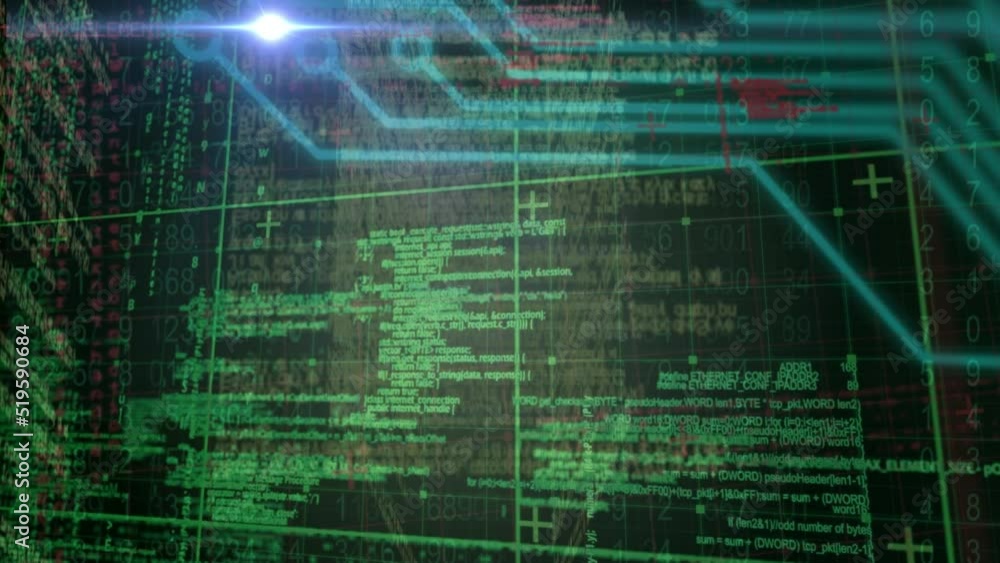 Poster animation of light trails and computer circuit board over data processing