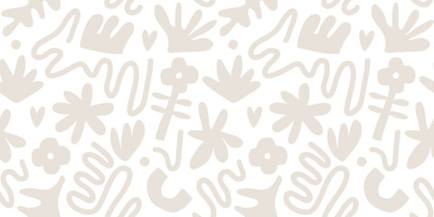Contemporary art collage with abstract shapes and flowers. Vector seamless pattern with Scandinavian cut out elements.