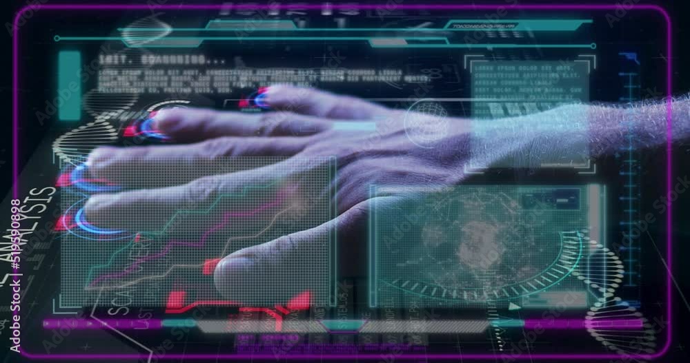 Aufkleber animation of data processing and hand on black background