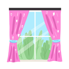 Window frame with pink curtain in cartoon style