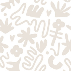 Contemporary art collage with abstract shapes and flowers. Vector seamless pattern with Scandinavian cut out elements.