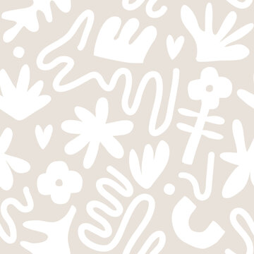 Fototapeta Contemporary art collage with abstract shapes and flowers. Vector seamless pattern with Scandinavian cut out elements.