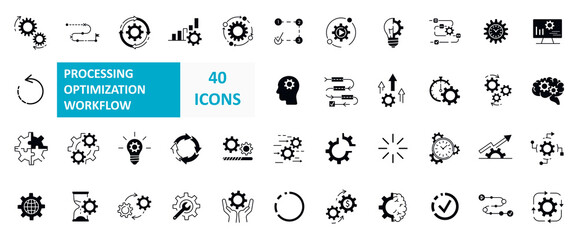 Set of Processing Optimization Workflow Related Vector Line and filled Icons. Simple line art and fill style icons pack. Vector illustration