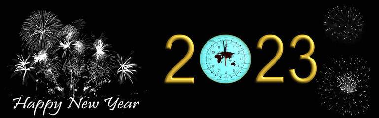 Bannière bonne année 2023 avec horloge indiquant presque minuit et feu d'artifice