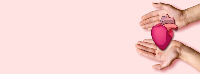 Adult hands holding donation organ on background. Awareness of prevention and treatment . World cancer day.