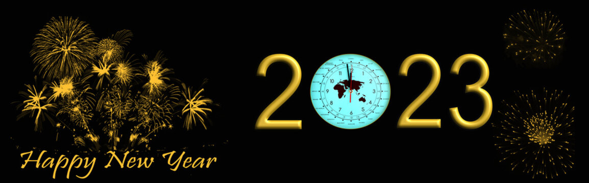 Bannière bonne année 2023 avec horloge indiquant presque minuit et feu d'artifice