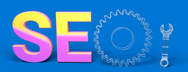 SEO Search Engine Optimization text on table background with gear and wrench. 3d rendering