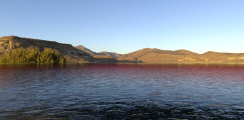 Water. Mountain Lake. The sun is reflected on the surface with a red tint. 3d render.