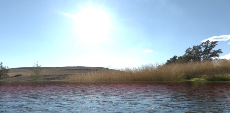 Water. Bright sun. Small lake. Glade with yellow bushes and a hill. 3d render.