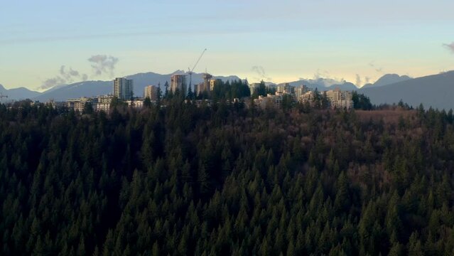 Elevated Multi-storey Structures Of  Simon Fraser University With Evergreen Fir Trees On Burnaby Mountain In British Columbia, Canada. Aerial Reveal