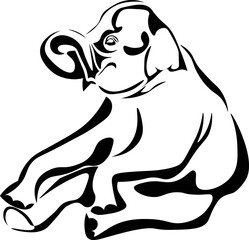 Black and White Cartoon Illustration Vector of a Baby African Elephant with Tusks