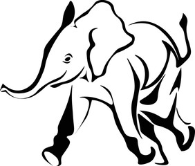 Black and White Cartoon Illustration Vector of a Baby African Elephant with Tusks