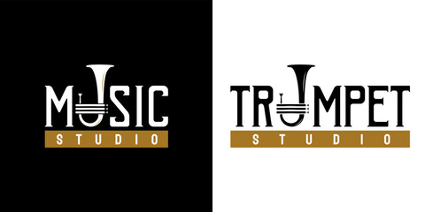 Vintage brass musical instrument. With simple trumpet cornet icon. On gold, white, and black colors. For jazz music studio logo design