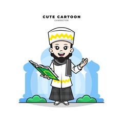 Cute cartoon character of muslim boy holding the holy quran