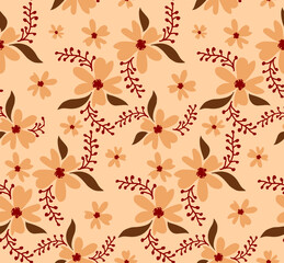 Abstract Hand Drawing Daisy Ditsy Retro Flowers and Leaves Seamless Vector Pattern Isolated Background