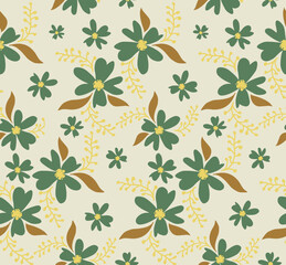 Fototapeta premium Abstract Hand Drawing Daisy Ditsy Retro Flowers and Leaves Seamless Vector Pattern Isolated Background