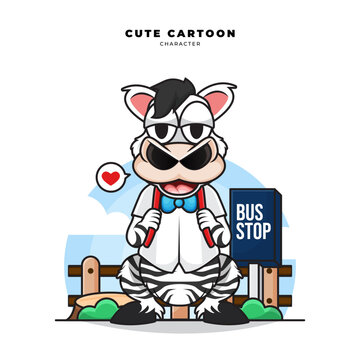 Cute cartoon character of zebra waiting bus school