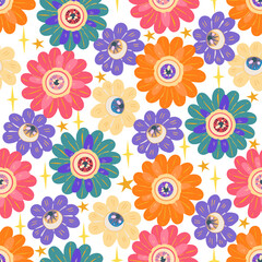 Fototapeta na wymiar Groovy retro style. Hippie elements. Psychedelic flowers with eyes. Vector illustration. Pattern. Light background, wallpaper, cartoon style