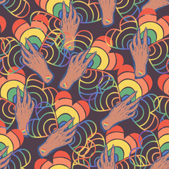 Hands holding hearts LGBT rainbow. Vector illustration. Pattern. Dark background, wallpaper