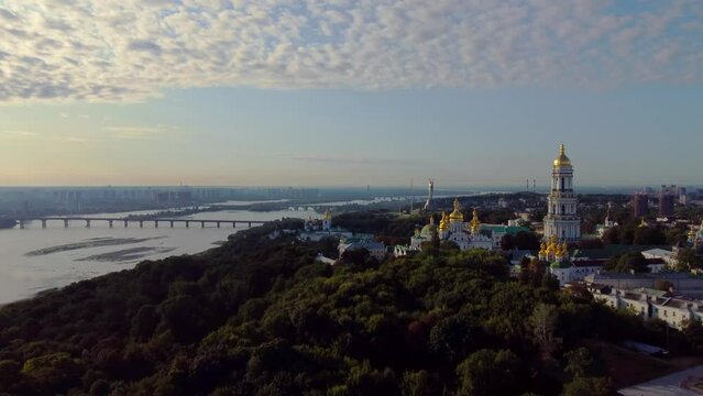 Kyivo-Pecherska Lavra and the Dnipro River , at sunrise time, taken with drone, Ukraine