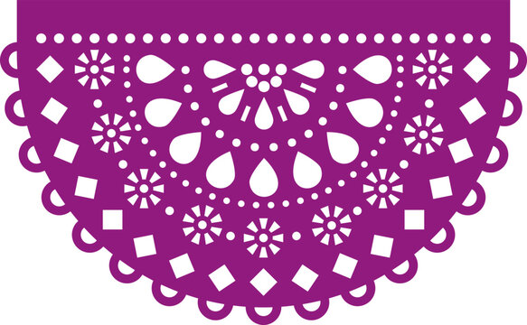 Papel Picado Vector Round Design With Flowers And Geometric Shapes, Mexican Party Garland Decor In Purple
