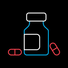 Medicine bottle and pills vector icon. Medicament