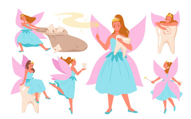 Tooth fairy set vector illustration. Cartoon isolated pretty godmother holding bag with baby molar teeth, beautiful girl princess with magic wand and crown, pink butterfly wings and blue dress