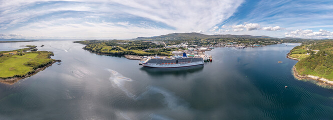 Aerial view of Killybegs with huge cruise ship in County Donegal - Ireland - All brands and logos...