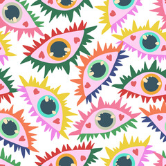 Groovy retro style. Hippie elements. Psychedelic various eyes. Vector illustration. Pattern. Light background, wallpaper, cartoon style