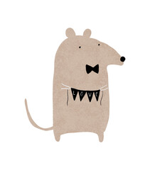 Cute Light Brown Mouse Holding Black Garland with Handwritten Love. Sweet Hand Drawn Nursery Vector Art ideal for Card, Poster, Wall Art. Lovely Rat on a White Background. 