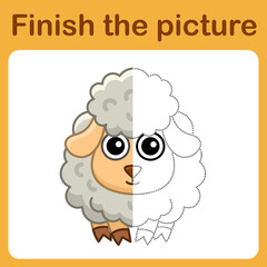 Connect the dot and complete the picture. Simple coloring book of sheep. Drawing game for children