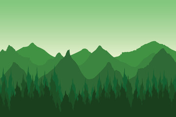 Adventure Background With Silhouette Mountain And Tree. Wild Forest. Wallpaper. Vector Illustraiton