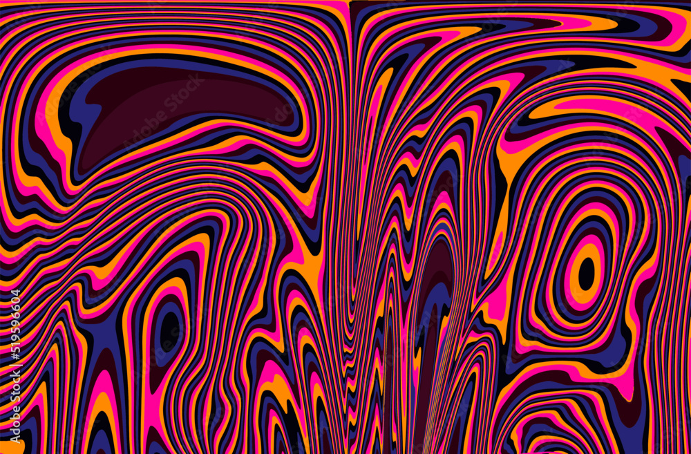 Poster abstract op-art background with warped colorful lines. trippy 70s style illustration.