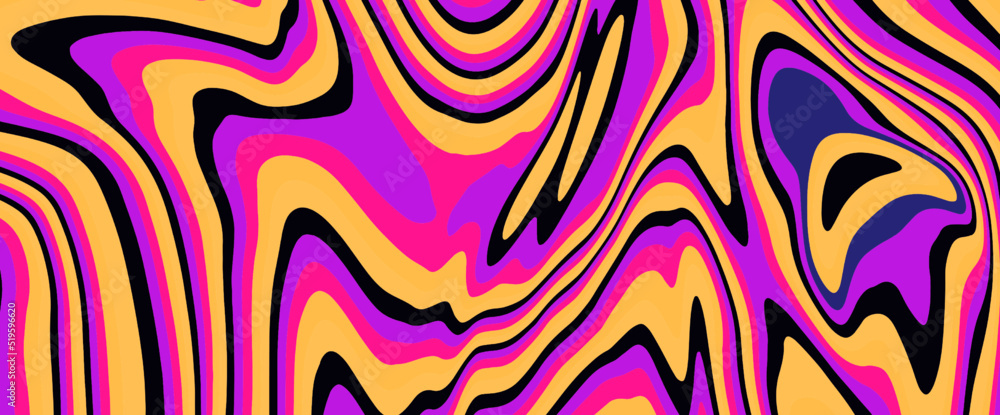 Poster abstract op-art background with warped colorful lines. trippy 70s style illustration.