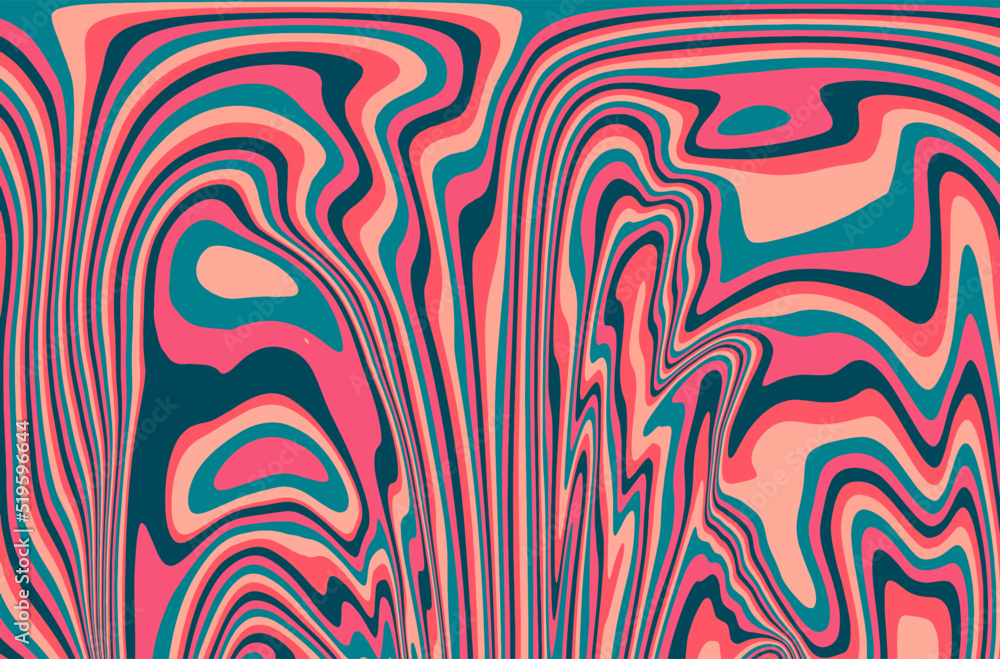 Poster abstract op-art background with warped colorful lines. trippy 70s style illustration.