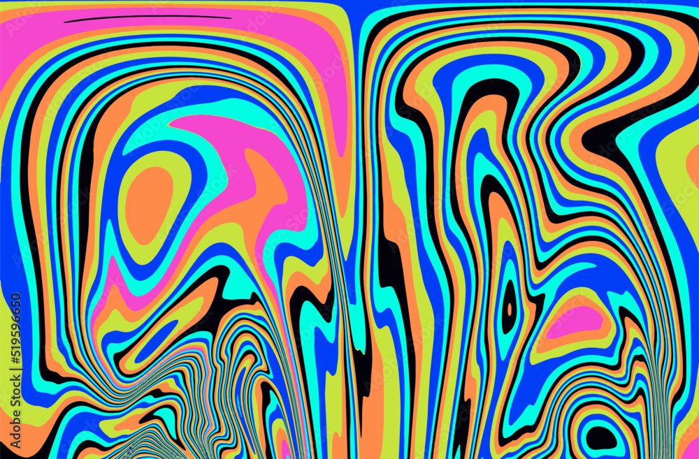 Poster abstract op-art background with warped colorful lines. trippy 70s style illustration.