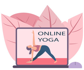 Woman doing yoga fitness exercises on laptop screen. Meditation Online Training With Trainer Vector.Beautiful woman doing yoga at home from online class yoga vector illustration. Online learning