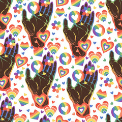 Vector illustration. In the hands of various hearts, flowers, LGBT rainbow. Pattern. Light background, wallpaper