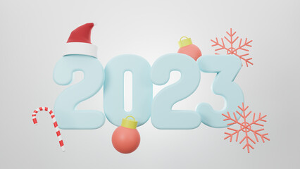 Happy New Year 2023, poster banner of number 2023 with christmas decorations on white background. 3d rendering