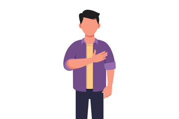 Business concept flat style isolated of young businessman keeping hands on chest. Smiling friendly male expressing gratitude. Emotion and body language concept. Graphic design vector illustration