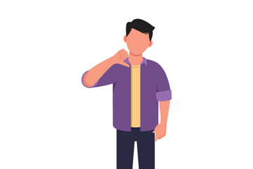 Business design drawing unhappy businessman showing thumbs down sign gesture. Dislike, disagree, disappointment, disapprove, no deal. Emotion, body language. Vector illustration flat cartoon style