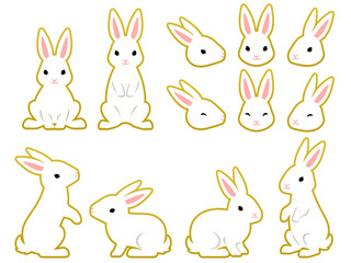 金縁のついた白いウサギの顔アイコンと全身イラストセット