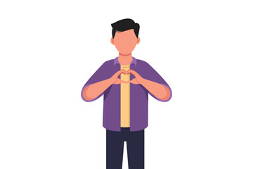 Business concept design young businessman making or gesturing heart symbol with fingers in front of chest. Modern male lifestyle, healthcare, love shape concept. Vector illustration flat cartoon style